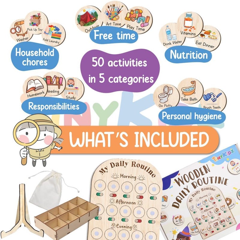 TinyKidz Store Daily Routine Chart for Kids, Visual Schedule, Routine Chart for Toddlers 3-5, Morning Bedtime Routine Chart for Toddlers, Wooden Chore Chart for Kids - Image 3